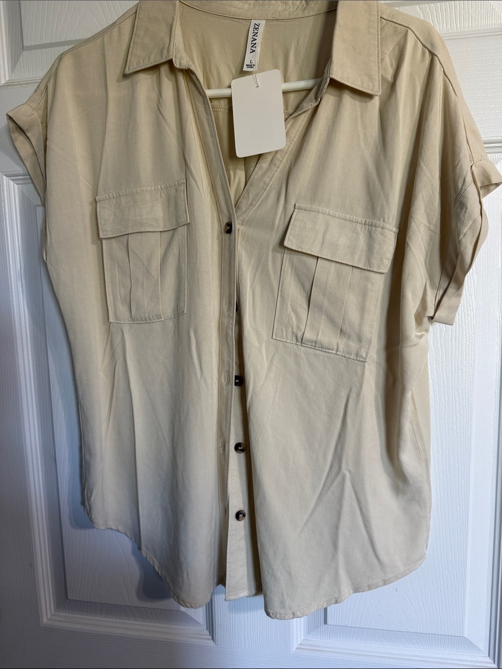 Zenana Outfitters Cream Short Sleeve Utility Button-Front Shirt